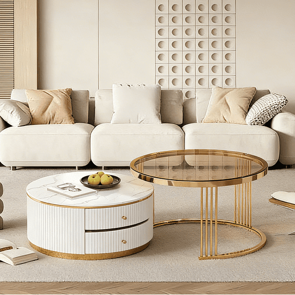 27.6" Modern Round Nesting Coffee Table Set of 2 with Drawers | Brown Tempered Glass Top Tables for Living Room, Space-Saving Design