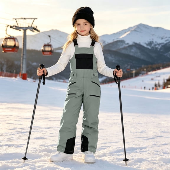 FSYBOA Girls Bib Snow Pants Size 10-12T, Windproof Multi Pocket Insulated Waterproof Kids Ski Pants Army Green