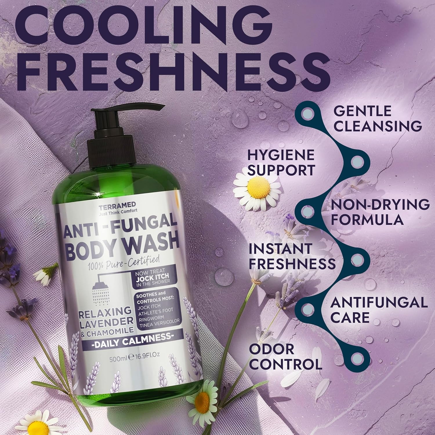Antifungal Body Wash with Lavender Essential Oil |1% Tolnaftate Chamomile Soap for Ringworm, Jock Itch & Athlete’s Foot | Medicated Itch & Odor Relief Body Wash with Calming Effect | 16.9 oz