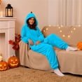 thumbnail image 3 of Unisex Adult Onesie Pajamas BWASD Casual One Piece Snug Fit Thick Warm Plush Pajamas Soft Solid Color Long Sleeve Hooded Loungewear Soft for Fall Winter Sleepwear Blue,3XL, 3 of 4