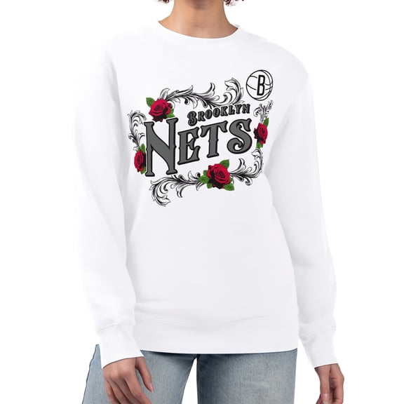 Women's G-III 4Her by Carl Banks White Brooklyn Nets Roses Fleece Tri-Blend Sweatshirt