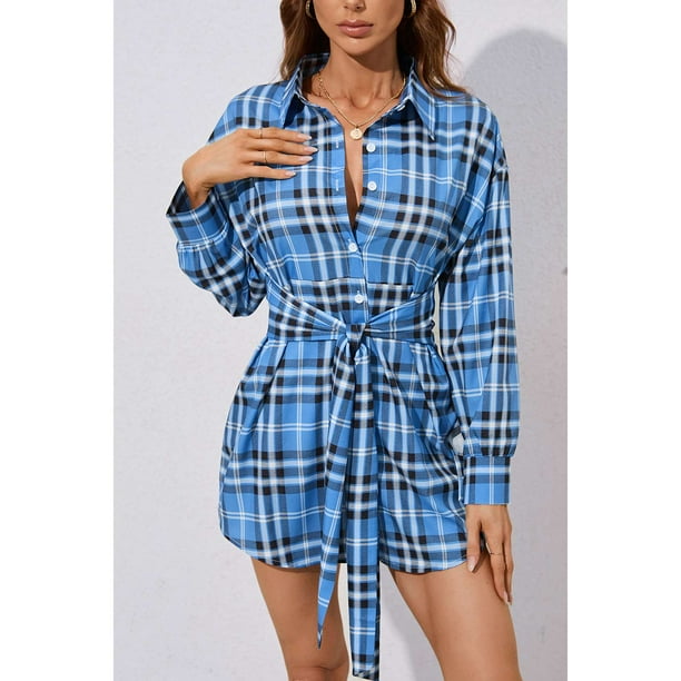 Vestido Casual Atado A Cuadros,Vestido Camisero Con Estampado A Cuadros  Vestido A Cuadros Con Estampado A Cuadros Vestido Camisero Con Estampado A 
