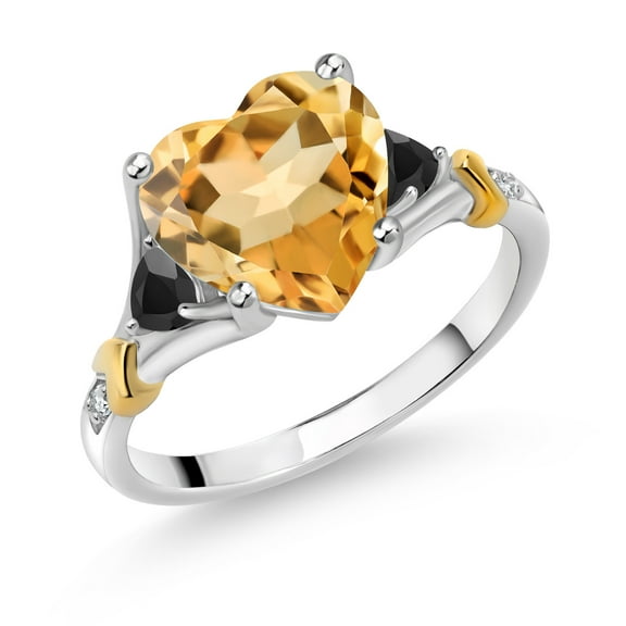 Gem Stone King 925 Silver and 10K Yellow Gold Yellow Citrine and Black Onyx and White Diamond Engagement Ring for Women | 3.51 Cttw | Heart Shape 10MM | Gemstone November Birthstone | Size 9