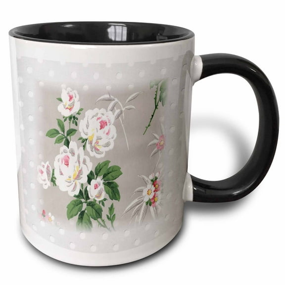 3drose, Gray with White Roses on Gray Polka Dot Pattern, 11oz Two-tone Black Mug