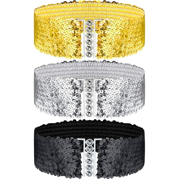 SHIQI-3 Pieces Sequin Belt for 70s 80s Costume Party, Disco Party Costume Wide Waist Elastic Cinch Belt Cheerleader Stretchy for Women Girl Metal Buckle Glitte (Gold Silver Black)