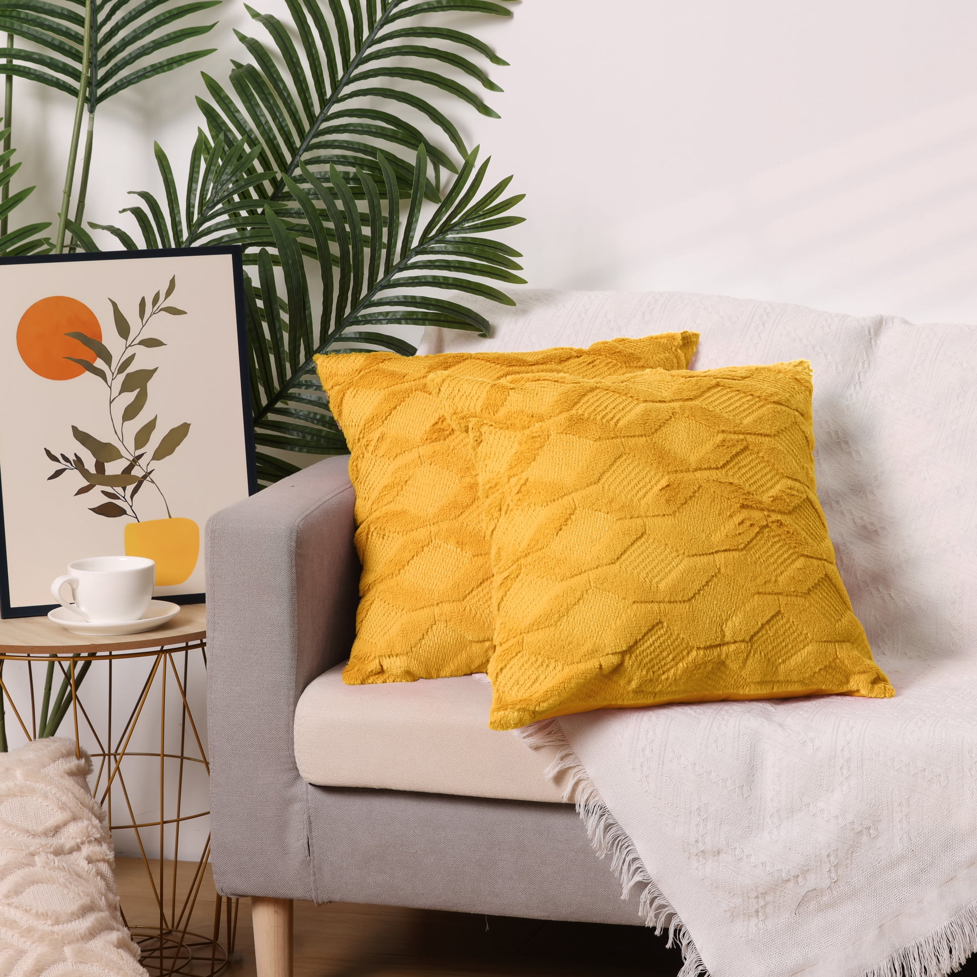 Unique Bargains 4 Pcs Solid Soft Short Plush Pillow Covers Home Decor Yellow 12" x 20"/18" x 18"