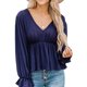 thumbnail image 1 of Top de manga larga con cuello en V, mangas acampanadas, dobladillo con volantes, ajuste holgado, blusa transpirable para mujer para otoño invierno, azul marino XL, 1 of 6