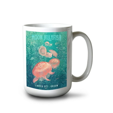 

15 fl oz Ceramic Mug Lincoln City Oregon Fluid Linework Moon Jellyfish Dishwasher & Microwave Safe