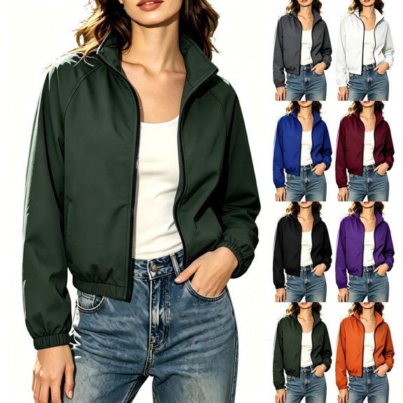 Tqcoqu Women's Stand Collar Zip Up Windbreaker,Cropped Lightweight Water Resistant Athletic Jacket with Pockets,Army Green Women's S-XXXL