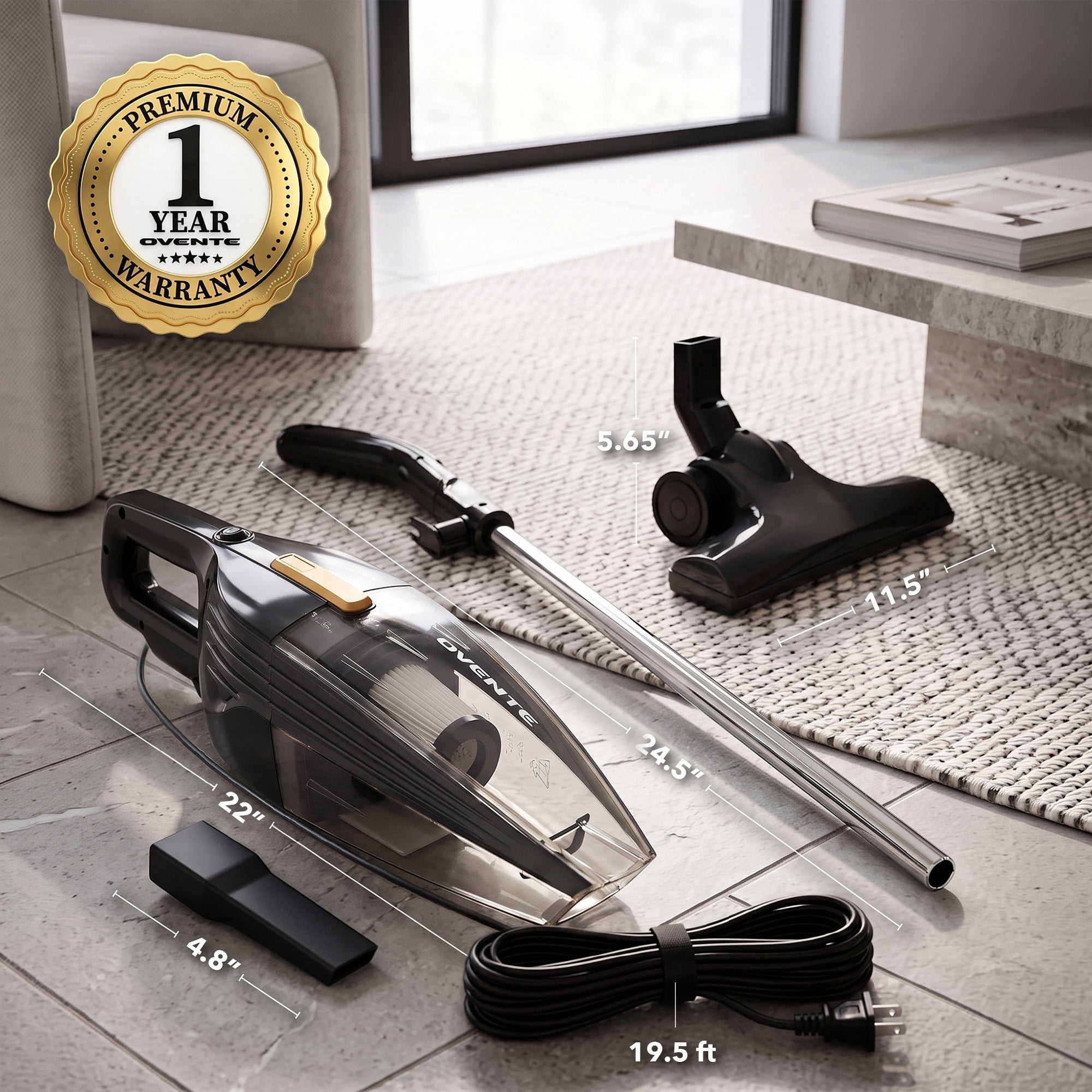 OVENTE Electric Corded Stick Vacuum, 600W Motor, Black ST101BGD | Powerful Suction, Handheld Lightweight Bagless Multi-Surface Cleaner for Home, Includes Floor Brush and Crevice Nozzle Tool
