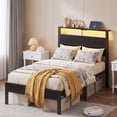thumbnail image 2 of Kbun Twin Size Platform Bed Frame with Fabric Wood Headboard, Metal Bed Frame with LED Light, Heavy Duty Steel Slat Supported Full Bed Frames, No Box Spring Needed, Black, 2 of 8