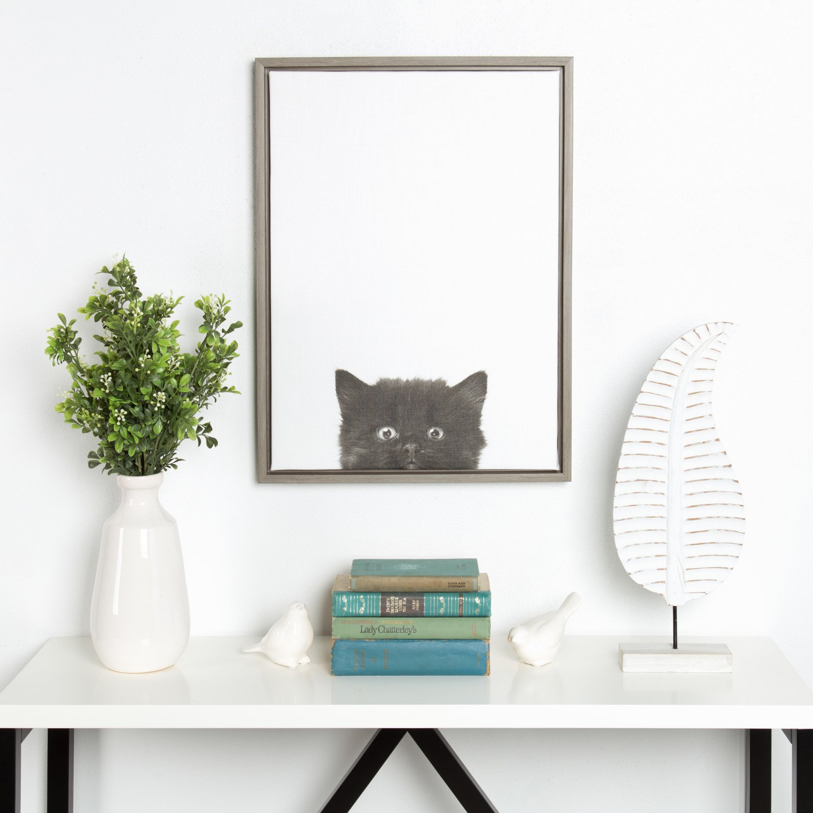 Kate and Laurel Sylvie Black Kitten Portrait Framed Canvas Wall Art by Simon Te Tai, 18x24 Natural