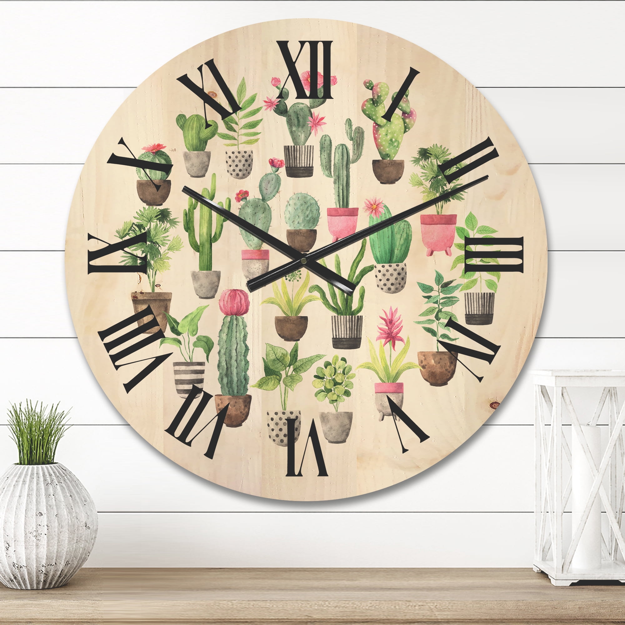 Designart 'Cactus In Ceramic Pots In Gentle Tones II' Traditional Wood Wall Clock