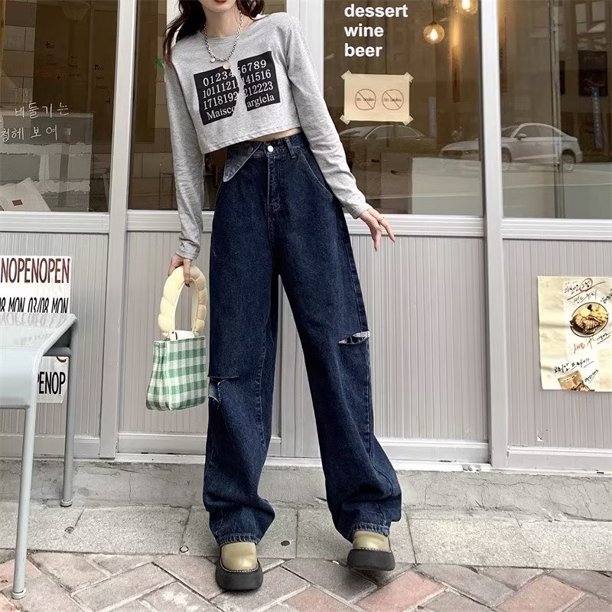 Pantalones vaqueros de estilo Y2K para mujer, Jeans delgados sueltos de nicho con piernas anchas y agujeros para mujer, Pantalones rectos casuales de cintura alta Pa