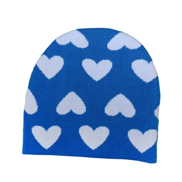 Blue Heart Design Knitted Hat With Curled Edgeless Design For Cold Weather Outdoor Warmth Made Of Acrylic In Blue Free Size For Women Winter Gift