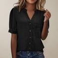 thumbnail image 2 of Womens Plus Size Shirts Oversized Tshirts for Women Casual Denim V Neck Short Sleeve Button Down Shirt Plus Size Tops Black L, 2 of 6