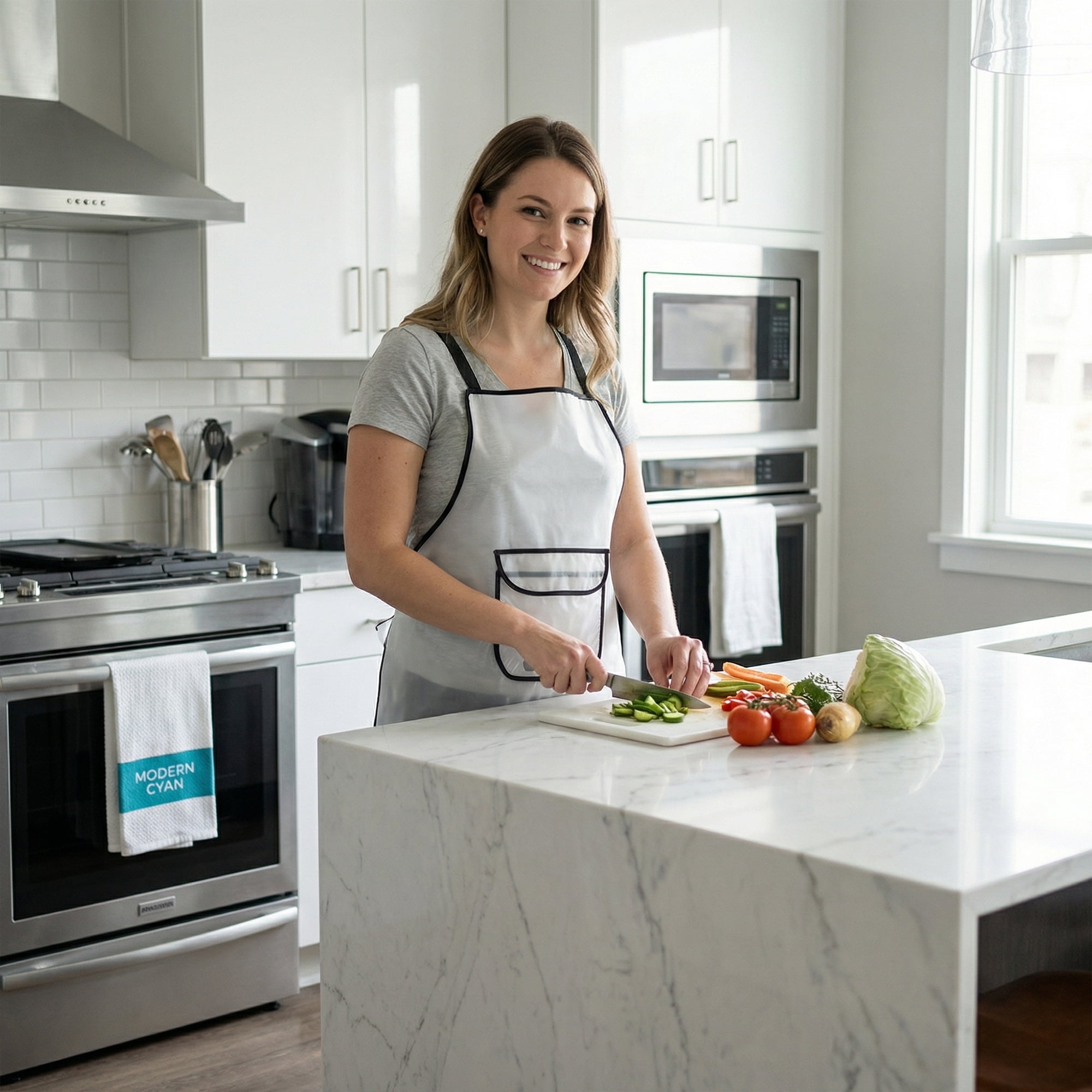 Unique Bargains Waterproof Kitchen Apron with Pockets for Home and Kitchen Midi - White
