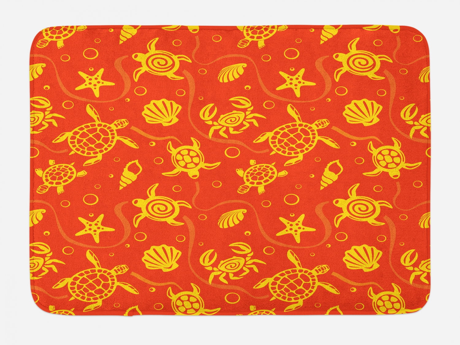 Orange Bath Mat, Swimming Turtles and Crabs with Seashells Bubbles and