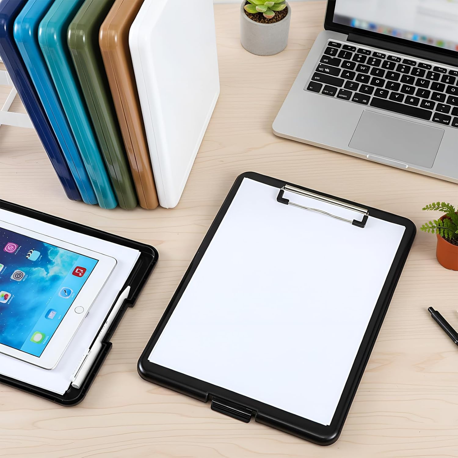 12 Pcs Plastic Clipboard with Storage Heavy Duty Portable Writing Boards for 150 Sheet A4 Paper with Pen Holder Large Capacity Clipboards for Nurse Teacher Student Classroom Office (Deep Color)