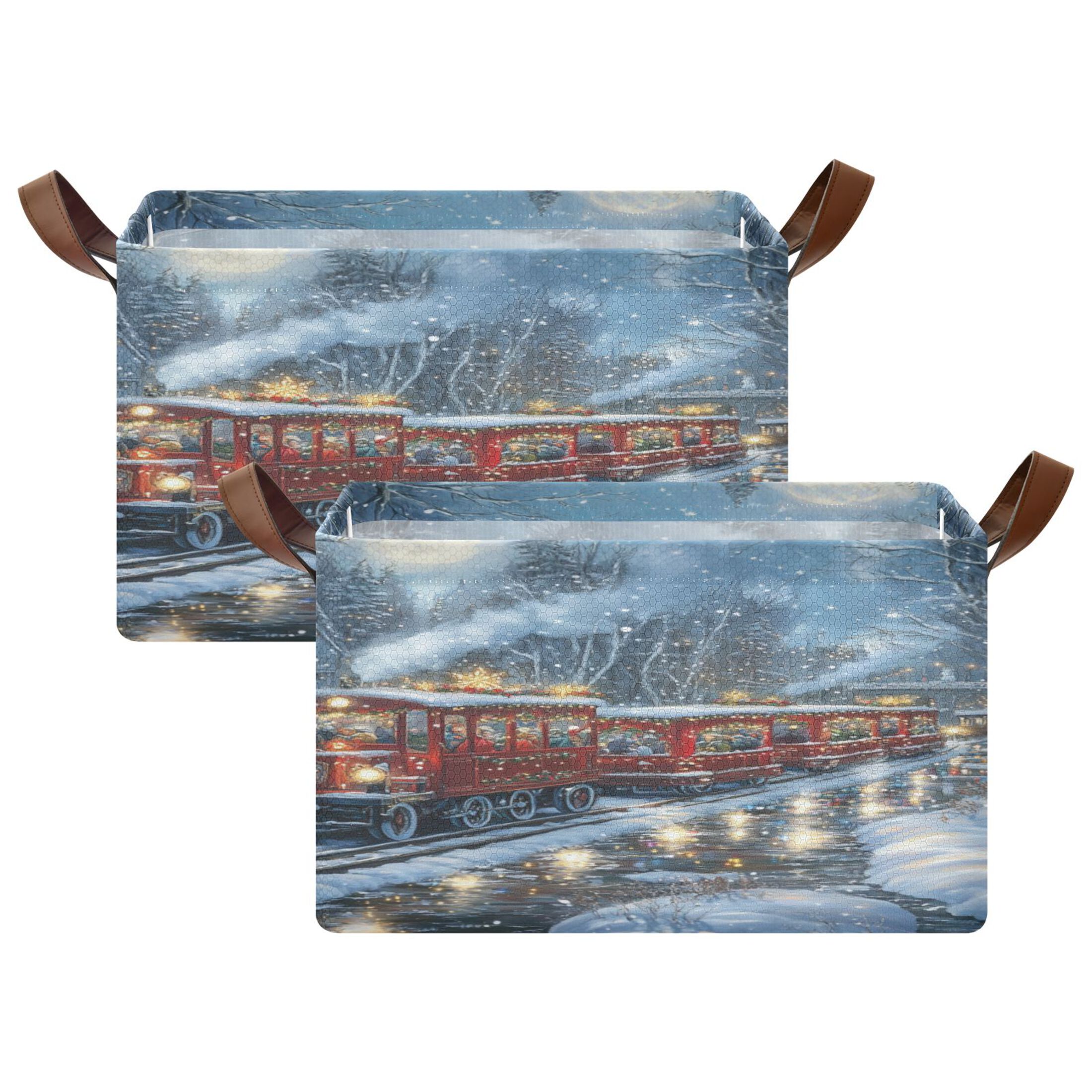 Christmas Train Picture Storage Basket Soccer Plaid Fabric Hoard Box Oversized Collapsible Closet Organizer with Metal Iron Frame 16.9×11.4×10in