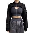 thumbnail image 1 of hirigin Women Fashion Personality Crop Tops Solid Color Stand Collar Long Sleeve Zipper Short Jacket Pockets Cargo Tops Streetwear, 1 of 9