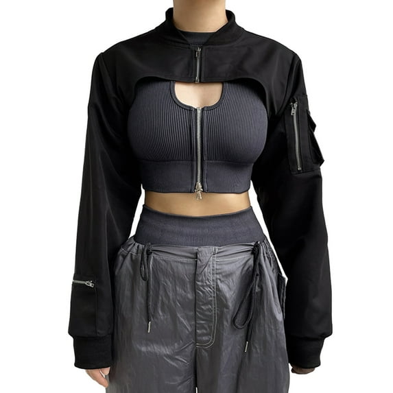 hirigin Women Fashion Personality Crop Tops Solid Color Stand Collar Long Sleeve Zipper Short Jacket Pockets Cargo Tops Streetwear