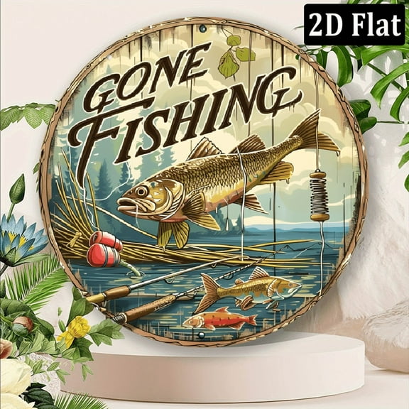 Wllo0ord 2D Flat, 8x8 Inch Round Aluminum Metal Fishing Wall Decor Sign - Tropical Style _GONE FISHING_ Art with Jumping Fish & Lures, Pre-Drilled Holes for Easy Hanging, No Electricity Needed