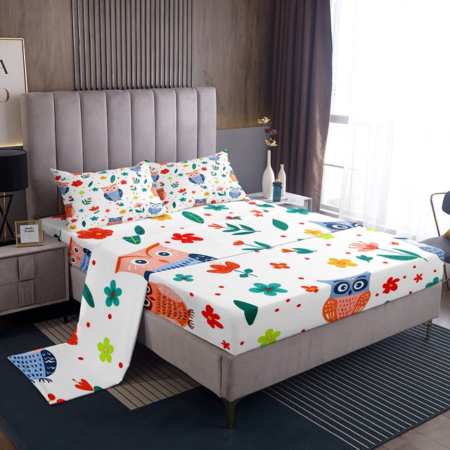 YST Owl Sheet Set Full Sheet Set For Girls Kids Cute Flower Animal Sheets, Flying Bird Sheet Sets Botanical Flower Pattern 3D Animal Bedding Set, 1 Top Sheet 1 Fitted Sheet 2 Pillowcases