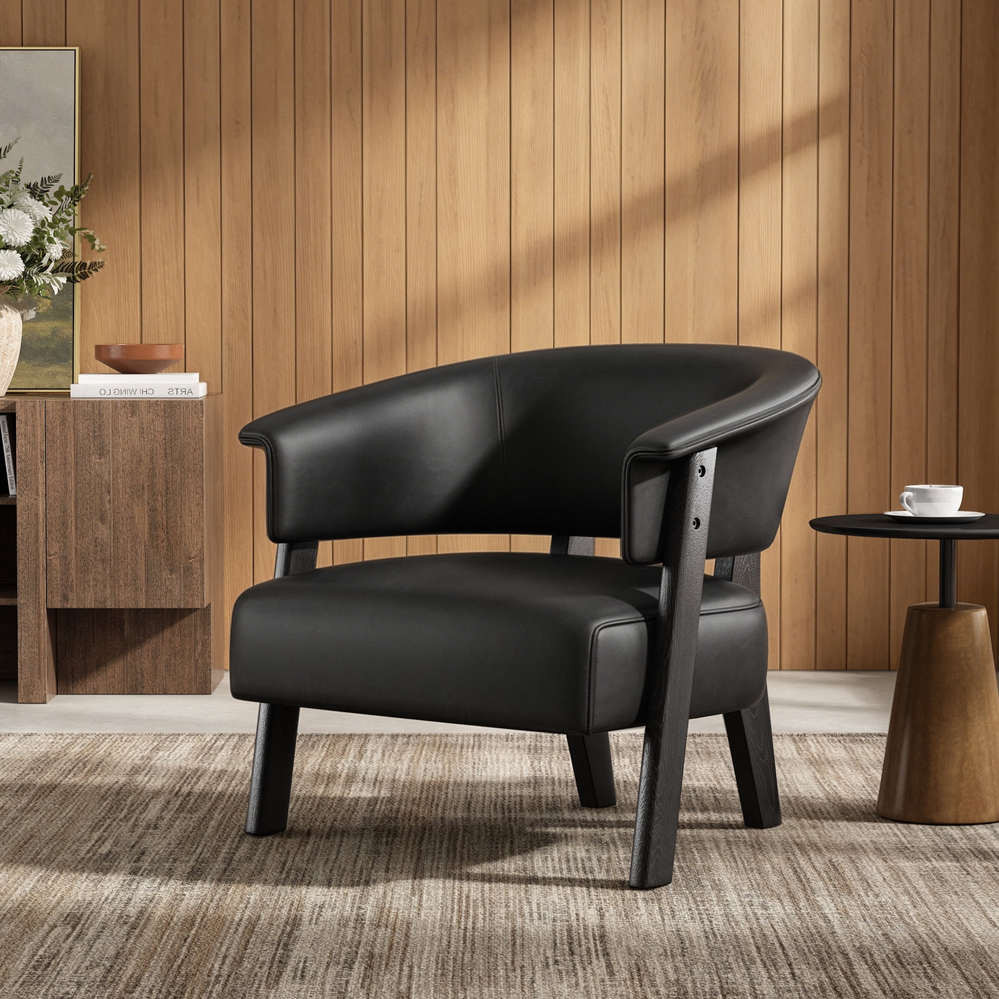 Leumius Faux Leather Wingback Accent Chair, Wrap-Around Back Upholstered Armchair with Solid Wood Legs, Single Sofa Reading Chair for Bedroom Living Room, Black