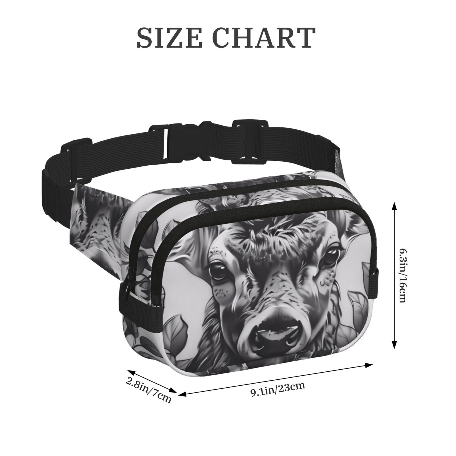 Picia Monochrome Deer Floral Print Square Double-Layer Waist Bag Mini Adjustable Waist Belt Bag Exercise Running Travel Hiking