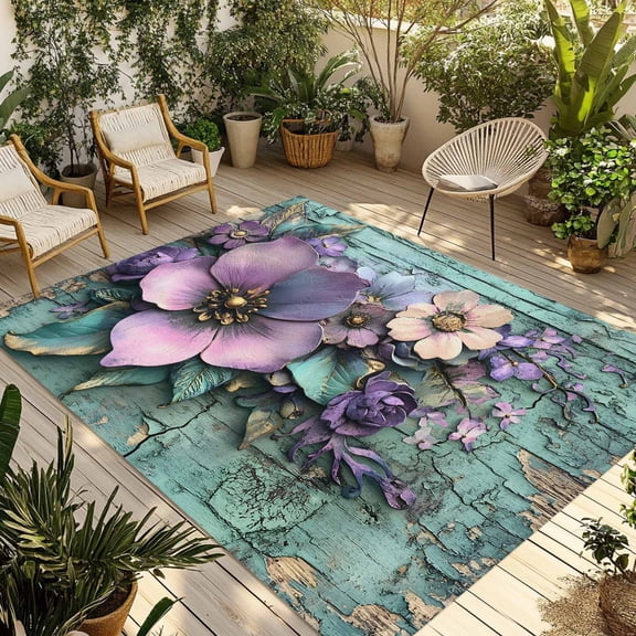 Purple Floral Outdoor Rug 4x6 Ft - Reversible Patio Rug Outdoor Camping Rugs, Spring Leaves Botanical Vintage Walls Washable Indoor Outdoor Area Rugs, Non-Slip Outdoor Carpet Runner for Deck/Porch