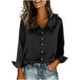 thumbnail image 4 of Lenpel Women's Satin Silk Blouses Long Sleeve Babydoll Collared Ruffle Trim Button down Shirts Dressy Casual Work Tops(Black,Small), 4 of 7