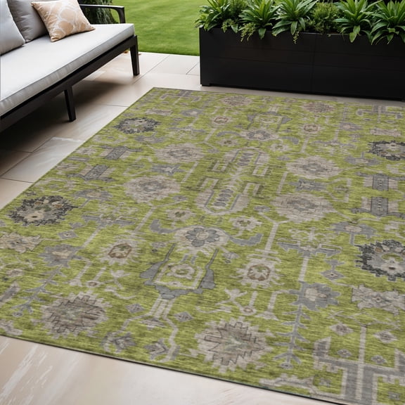 5' X 8' Olive Green Gray And Charcoal Oriental Washable Indoor Outdoor Area Rug