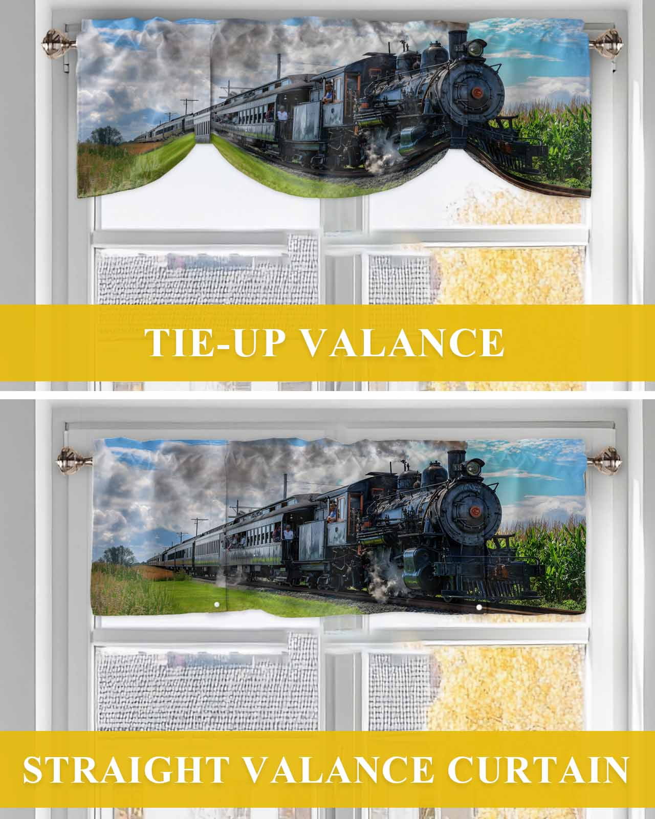 Steam Train Tie Up Valances Curtain, Adjustable Kitchen Railways Trees Landscape Modern Valances for Windows Decor, Rod Pocket Short Curtains Set for Bedroom/Bathroom, 54"x18"