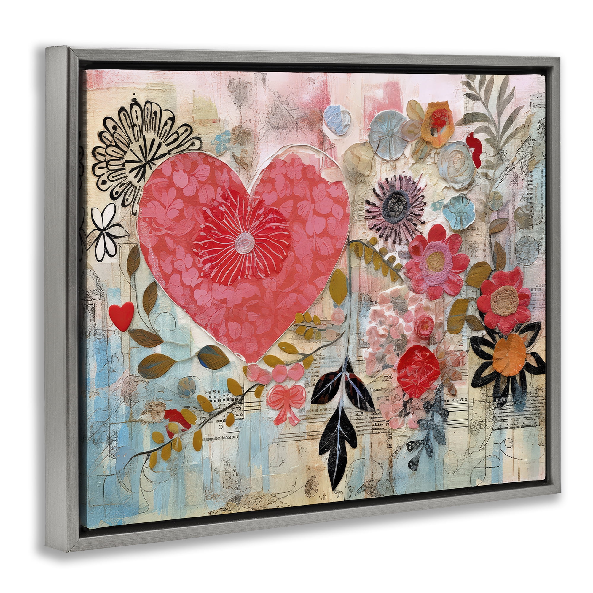 Stupell Industries Playful Heart & Flowers Abstract Painting Gray Floater Framed Canvas Art Print Wall Art, 21 x 17