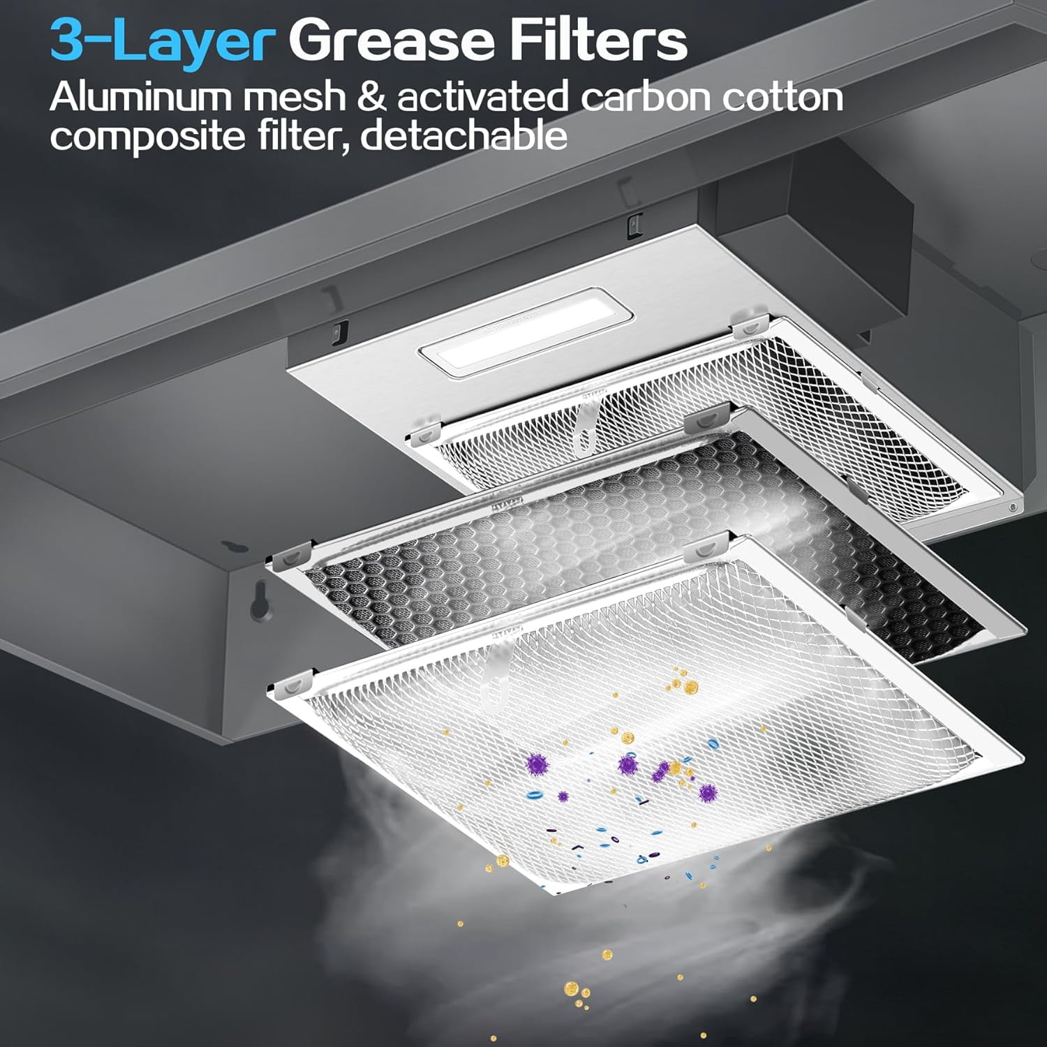 24 inch Range Hood Under Cabinet, Stainless Steel Kitchen Hood 280CFM, Ducted/Ductless Vent Hood with Rocker Button Control, Stove Hood with 2 Speeds Fan, Bright LED Light, black, silver, white