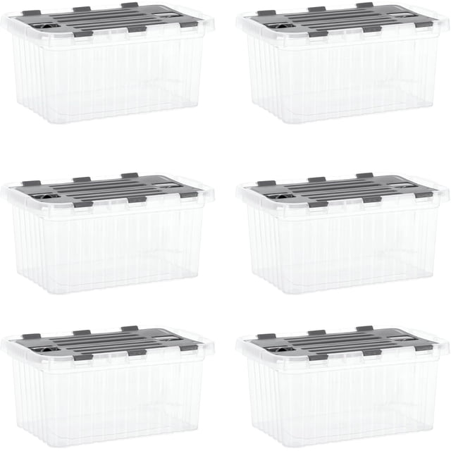 Superio Clear Storage Boxes with Attached Lids, Plastic Container Bins with Hinged Lids for Organizing, Stackable Crates, BPA Free, Non Toxic Organizers (6 Pack, 17"x11.65"x8.75")