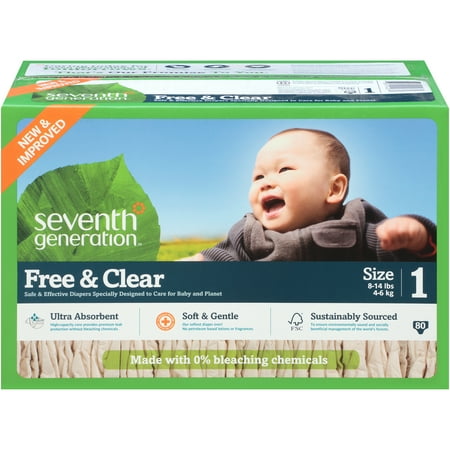 Seventh Generation Free & Clear Baby Diapers, Super Jumbo, Stage 1, 80 Ct