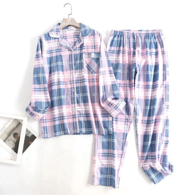 Conjuntos de pijamas de franela de algodón para mujer, pantalones largos, ropa de dormir, diseño a cuadros, holgado, otoño e invierno, trajes de pantalón de manga larga