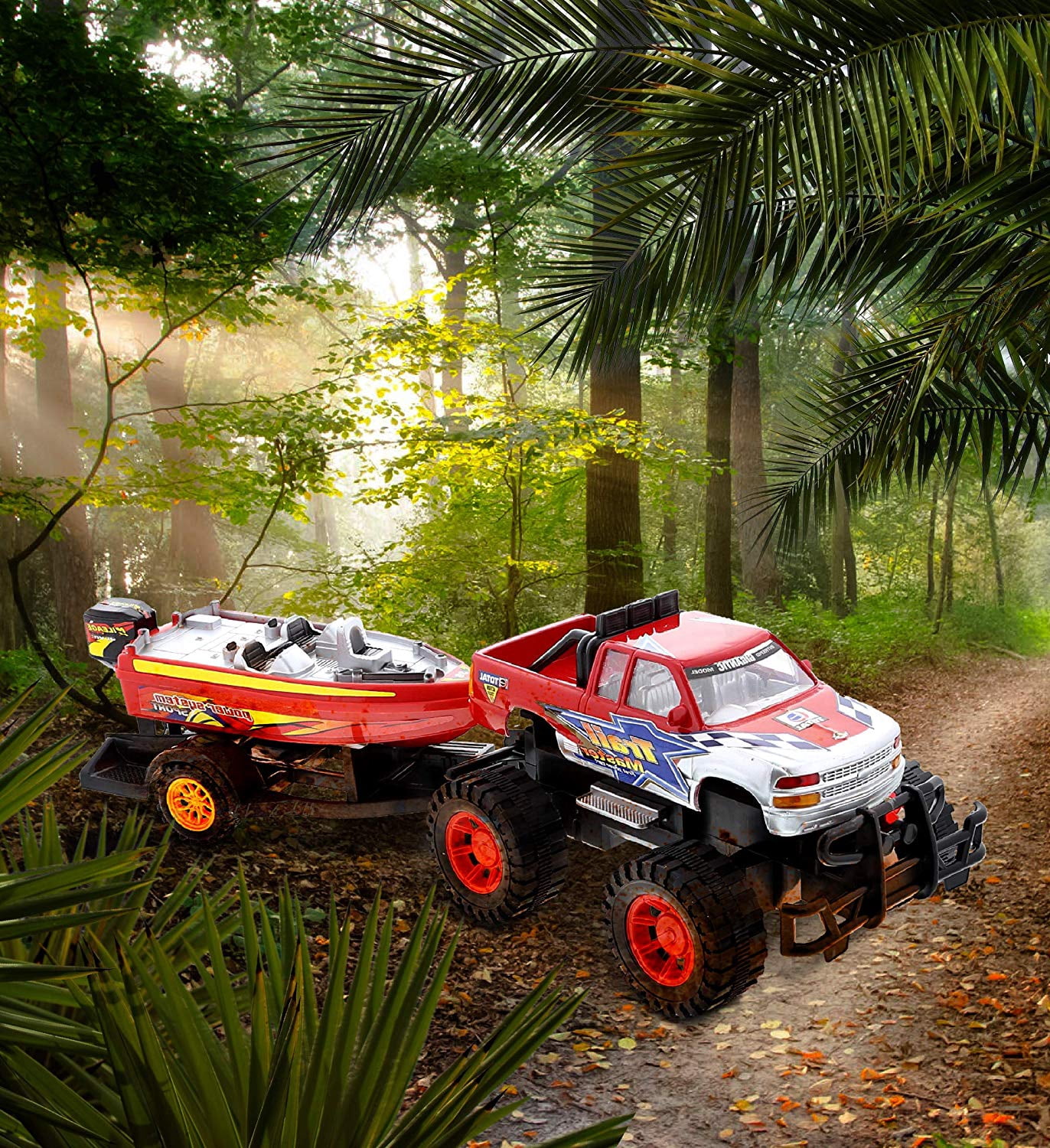 Mozlly Monster Truck Toys Set with Trailer Toy Boat - Friction Powered Hauling Truck and Trailer Toy, Big Toy Monster Truck with Boat, Adventure Truck Pulling Boat Toy Monster Trucks for Kids - 9 Inch
