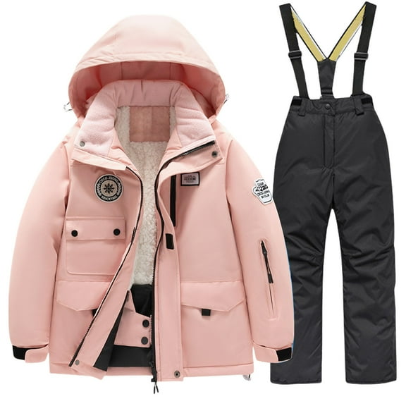Coerni Girls Cute Thick Snowsuit Sets Outdoor Long Sleeve Windproof Warm Hooded Coat with Ski Bib Pants 2Pcs Outfits