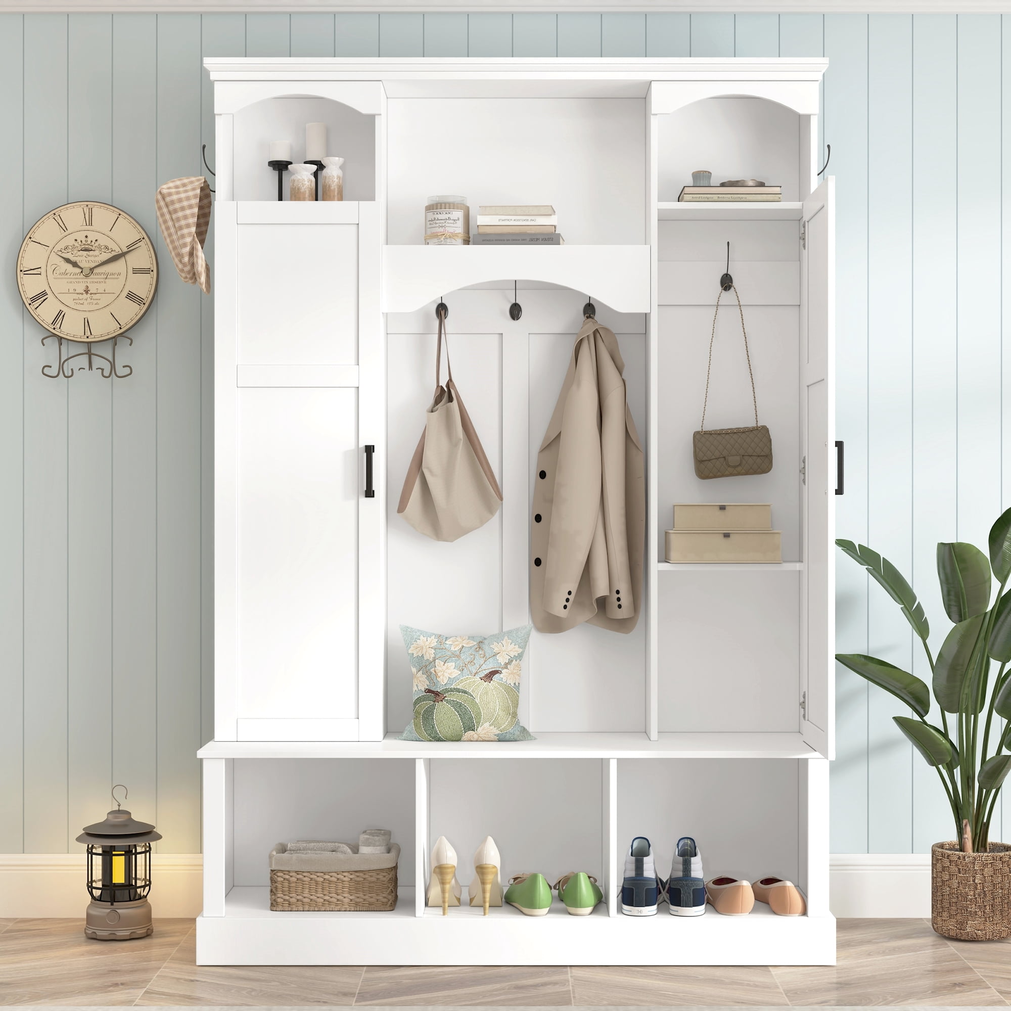 T-Foyer Farmhouse White Hall Tree with 7 Hooks & 2 Cabinets, Wooden Rustic Entryway Organizer with Open Storage & Adjustable Shelves