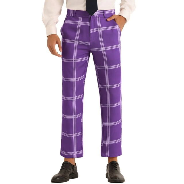 INSPIRE CHIC Plaid Pants for Men's Color Block Slim Fit Flat Front Checked Dress Pants S Purple