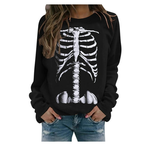 HCURIBAD Sweatshirts for Women, Women's Halloween Printed Round Neck Casual Long Sleeve Sweatshirt Loose Top, Halloween Shirts for Women Oversized Sweatshirt Crewneck Sweatshirts Black L