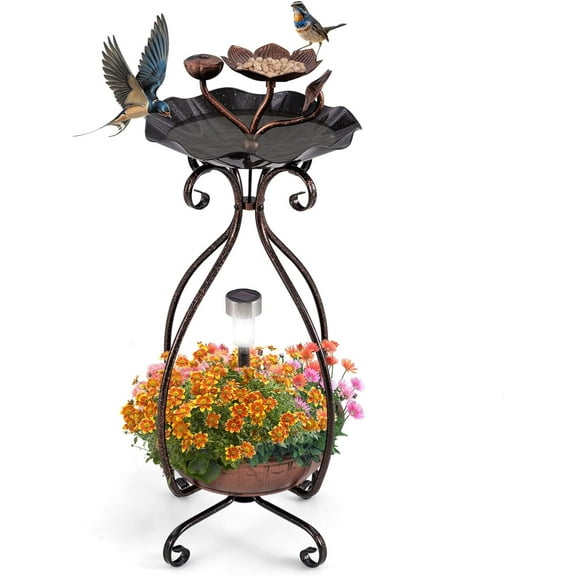Bird Bath with Planter - Solar Lighted Bird Bath for Outside with Bird Feeder, Lotus Water Bowl for Bathing, Flower Planter with Drainage Holes, Standing Birdbath for Garden Yard (Bronze)