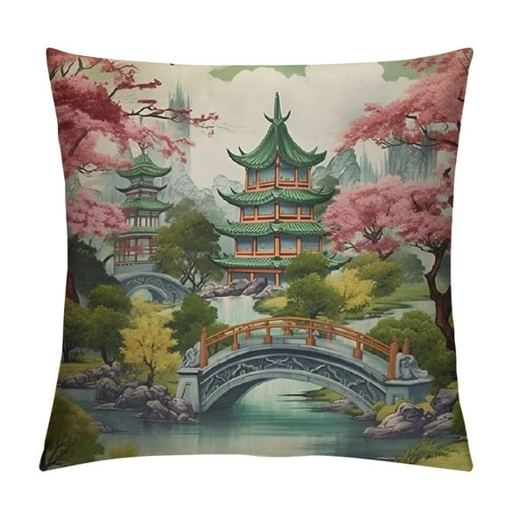 Sheronv Pagoda Graphic Decorative Throw Pillow Cover for Home Couch Living Room Sofa, Spring Pillow Case Cushion Cover 1PC 12x12in