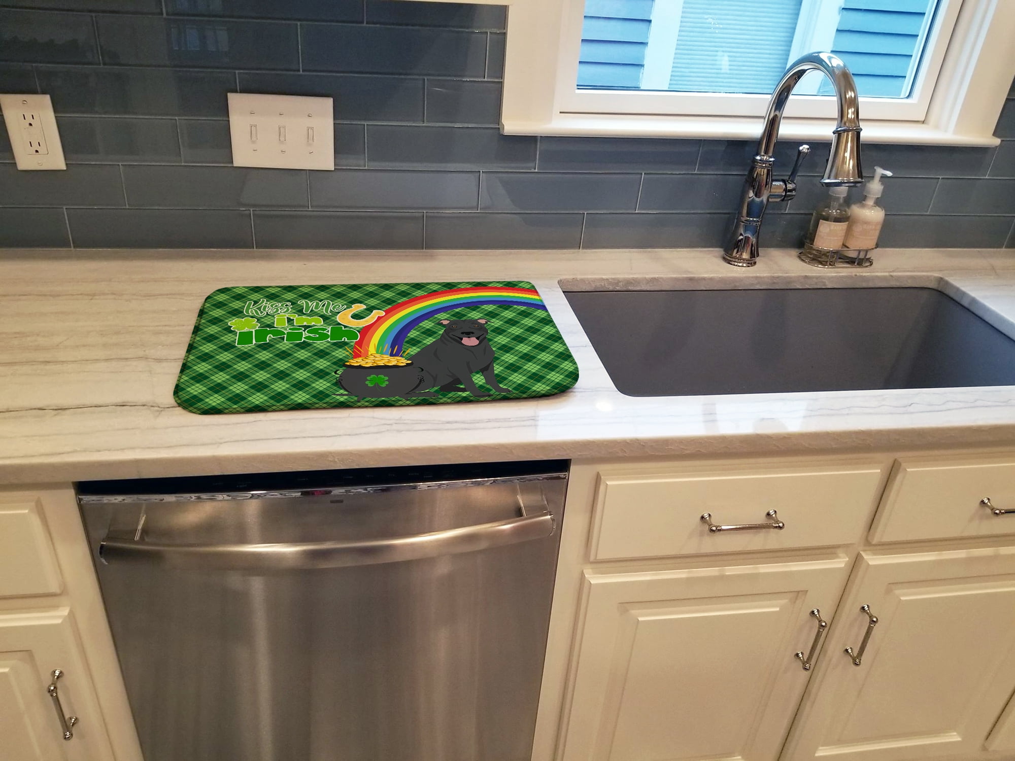 Black Pit Bull Terrier St. Patricks Day Dish Drying Mat