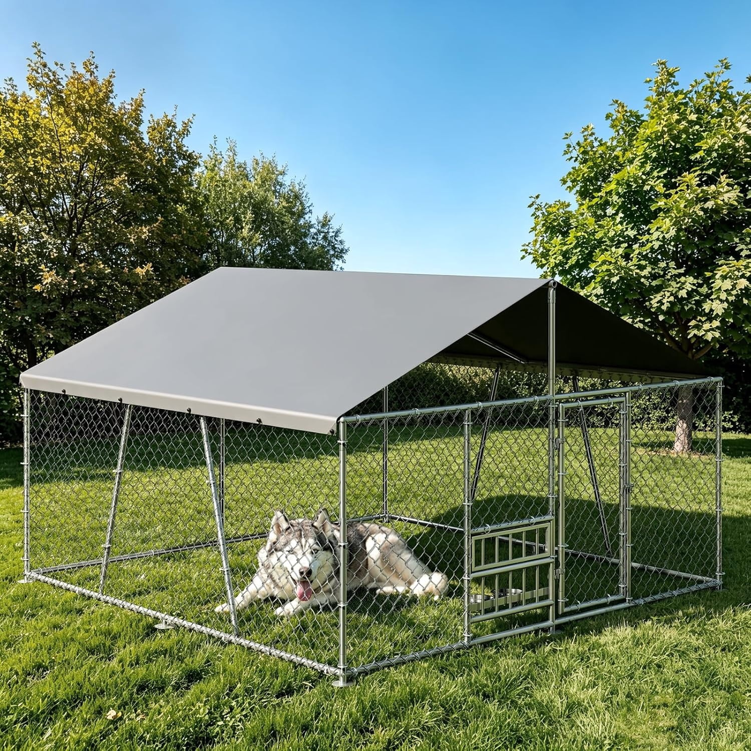10×10×5.9 FT Home Large Metal Outdoor Dog Kennel, Metal Wire Dog Enclosure with Waterproof Roof & Adjustable Bowls Feeder for Backyard Farm