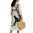 thumbnail image 2 of COEQINE Spring Summer Dress 3/4 Sleeve Wrap V-Neck Women's Boho Midi Tunic Shift Dress, Linen Look Loose Fit, Vacation & Everyday Wear, Size 2XL, Ink Black Cat Plum Blossom, 2 of 6