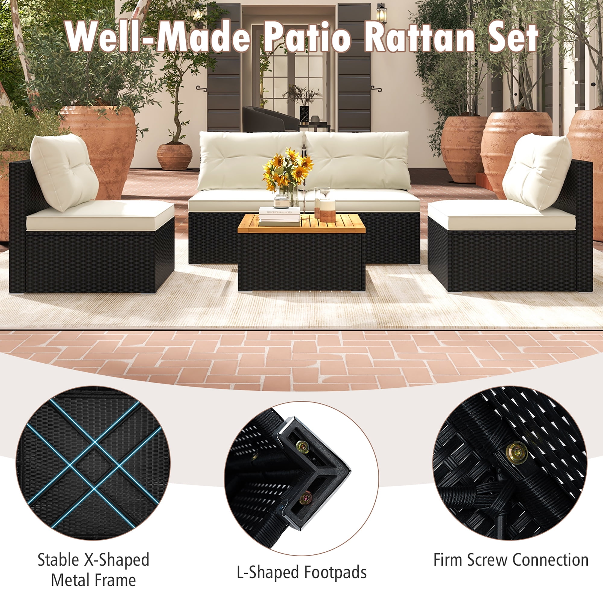 Gymax 5 PCS Rattan Sofa Set Outdoor Wicker Furniture Set w/ Back Cushions & Square Coffee Table
